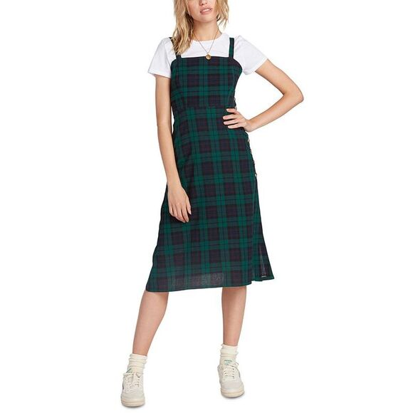 Volcom Junior's Cotton Plaid a Line Dress Green Size S - Picture 1 of 4